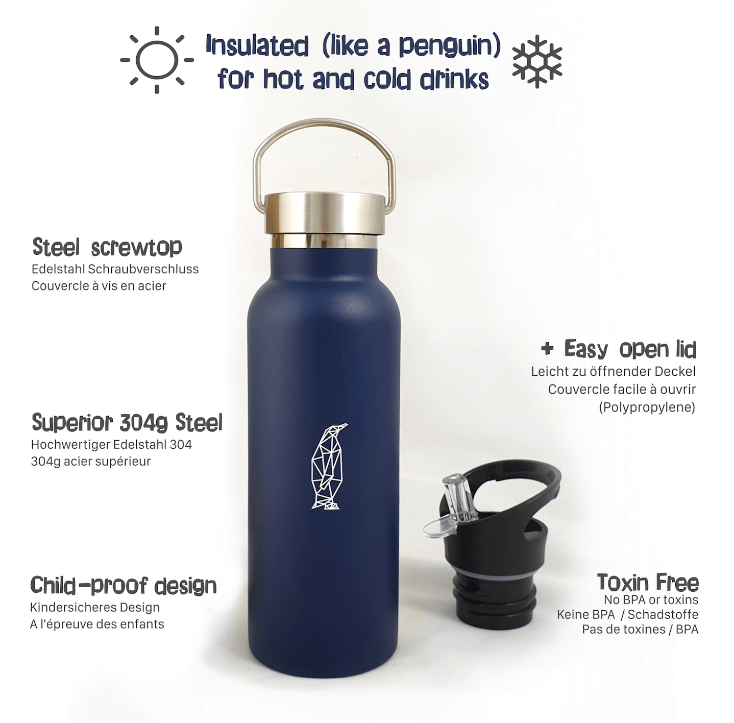 KiNDKiT Geometrischer Pinguin 500ml Thermosflasche Eigenschaften auslaufsicher Schule Sport