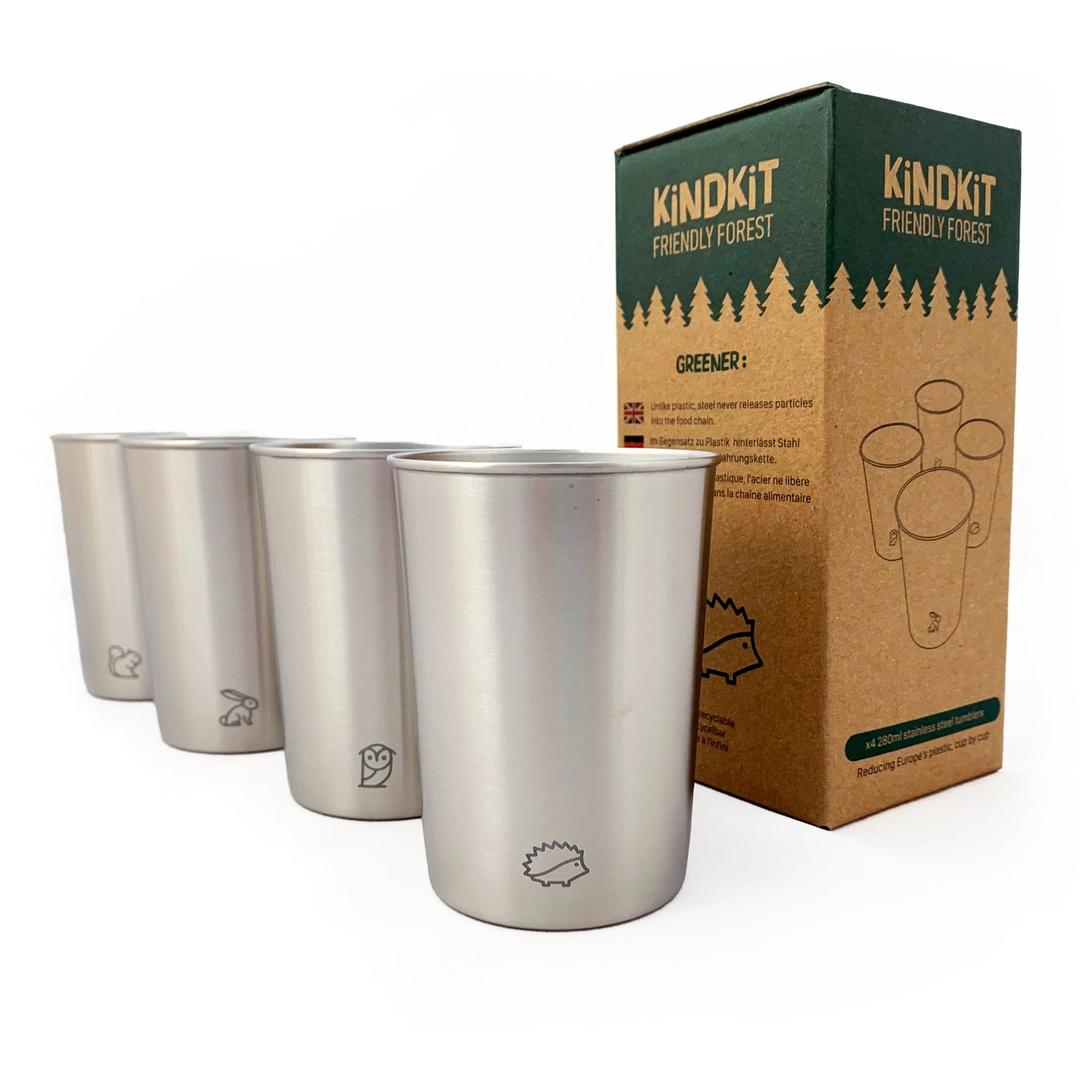 KiNDKiT Edelstahl Kinderbecher Set 280ml Friendly Forest Waldtiere mit Geschenkbox