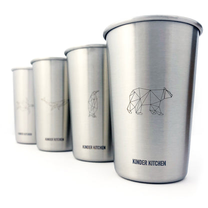 KiNDKiT Edelstahl Kinderbecher 450ml Meerestiere 4er Set stapelbar