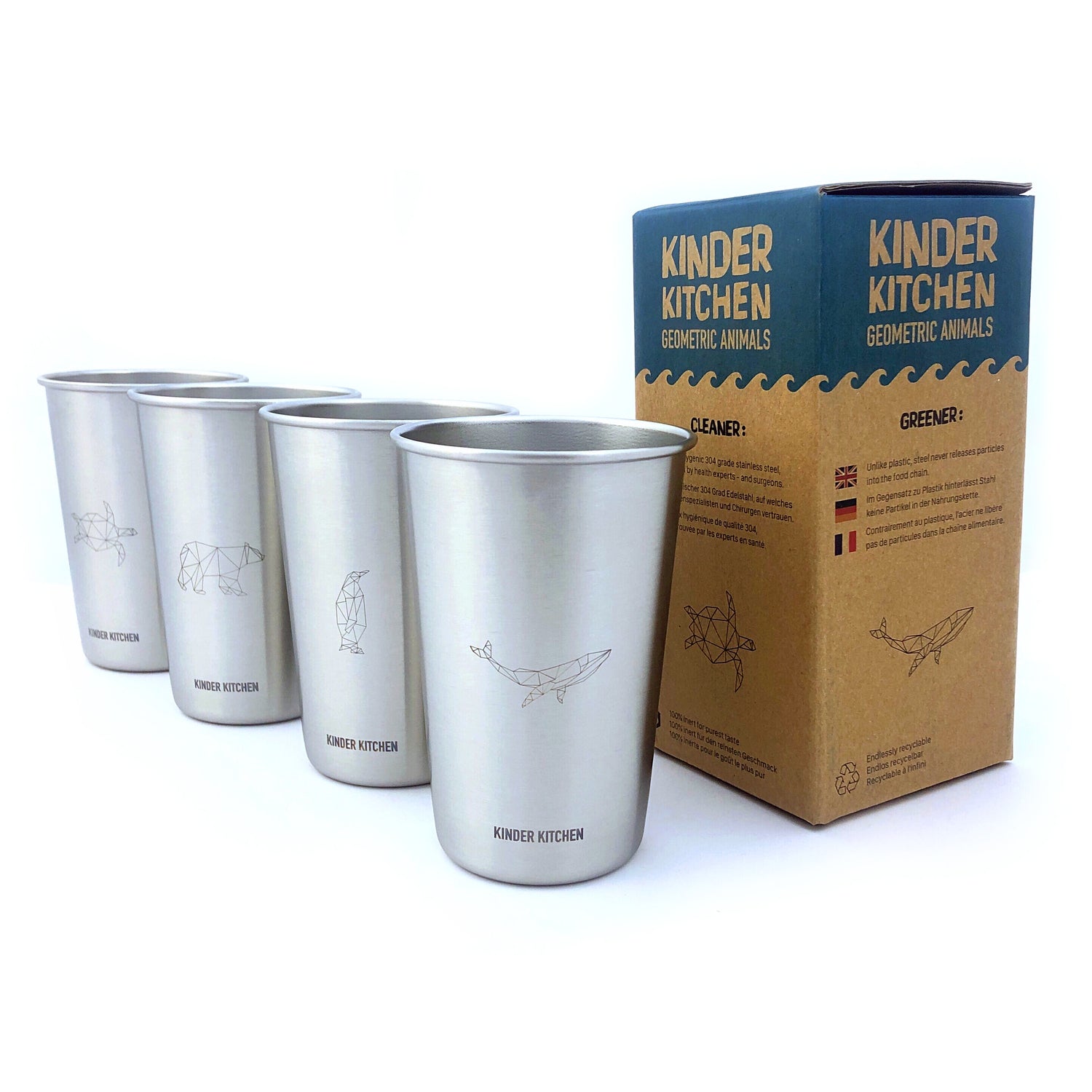 KiNDKiT Geometric Animals Edelstahl Kinderbecher Set 500ml 4er Pack mit Box