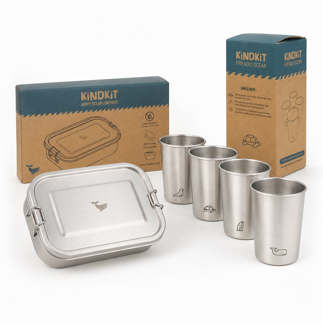 Das Ozean-Komplettset – Brotdose & Becher-Set (800ml Lunchbox + 4x 280ml Becher)