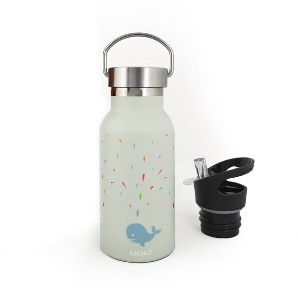 KiNDKiT Magic Whale Thermosflasche Edelstahl 350ml doppelwandig zwei Deckel BPA-frei