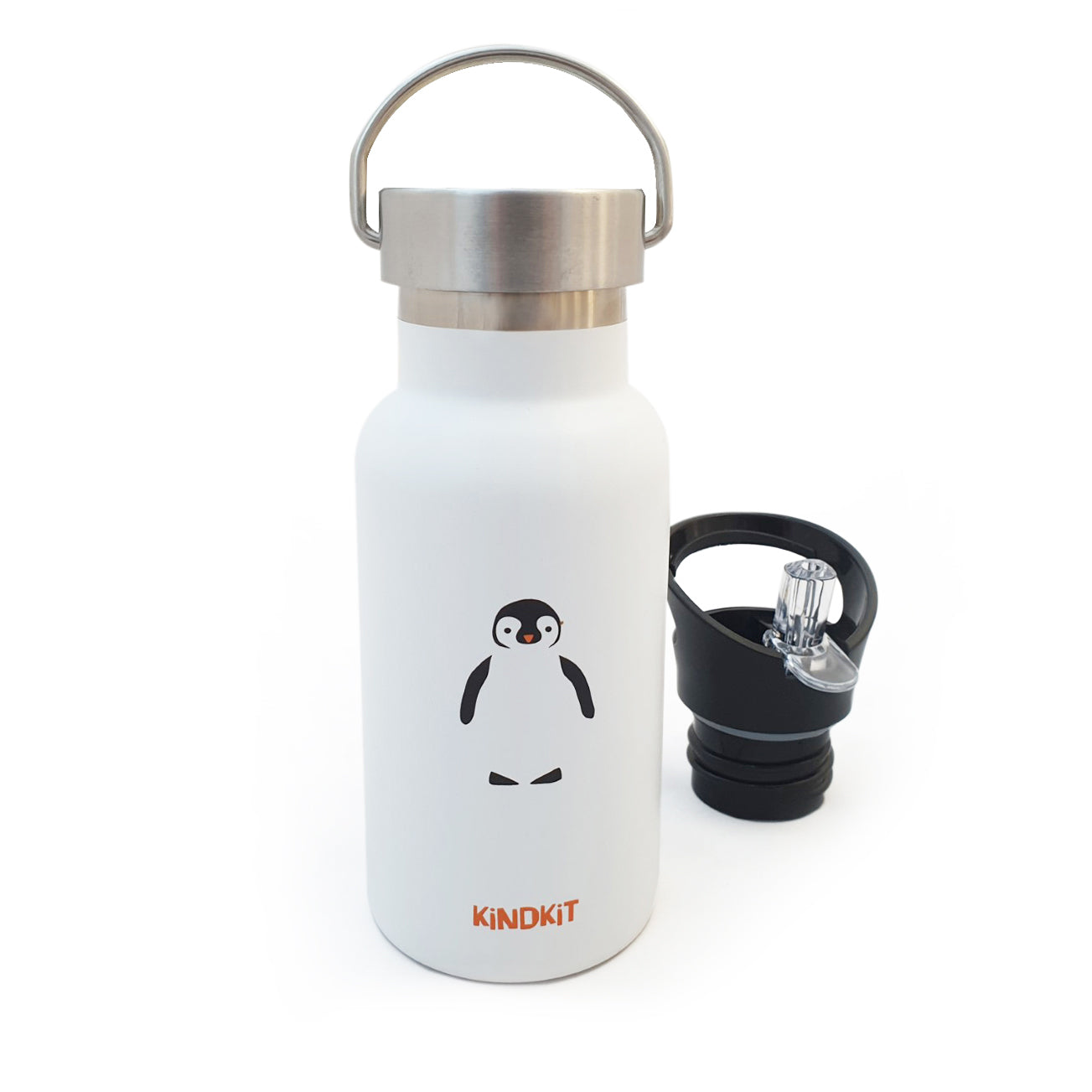 ‘Pinguin’ Thermos Edelstahlflasche (350 ml) | Vakuum-Isoliert für heiße & kalte Getränke | Auslaufsicherer Sportdeckel + Schraubverschluss + Reinigungsbürste | Perfekt für Kinder