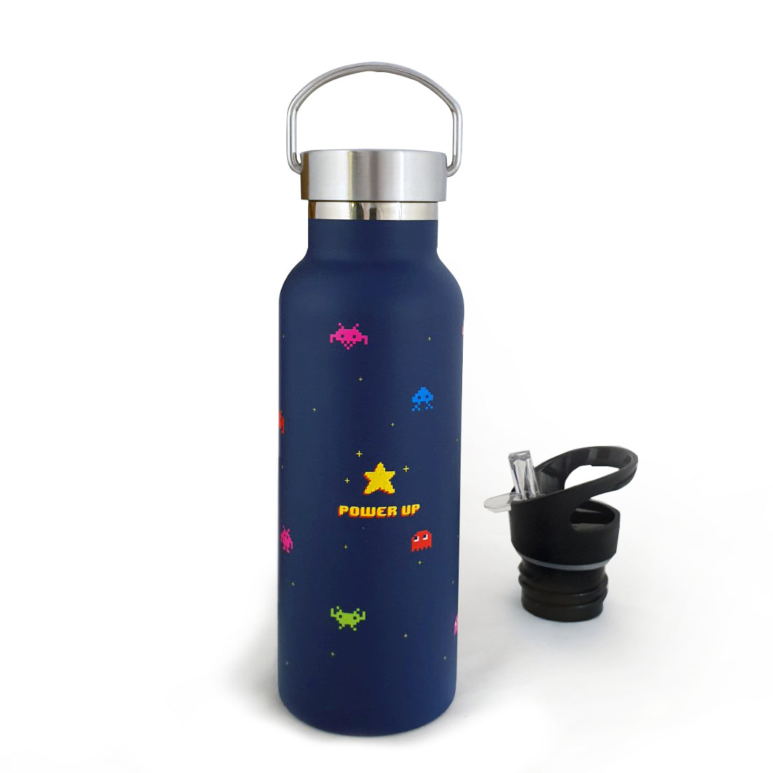 ‘Power Up’ Thermos Edelstahlflasche (500 ml) | Vakuum-Isoliert für heiße & kalte Getränke | Auslaufsicherer Sportdeckel + Schraubverschluss + Reinigungsbürste | Perfekt für Kinder